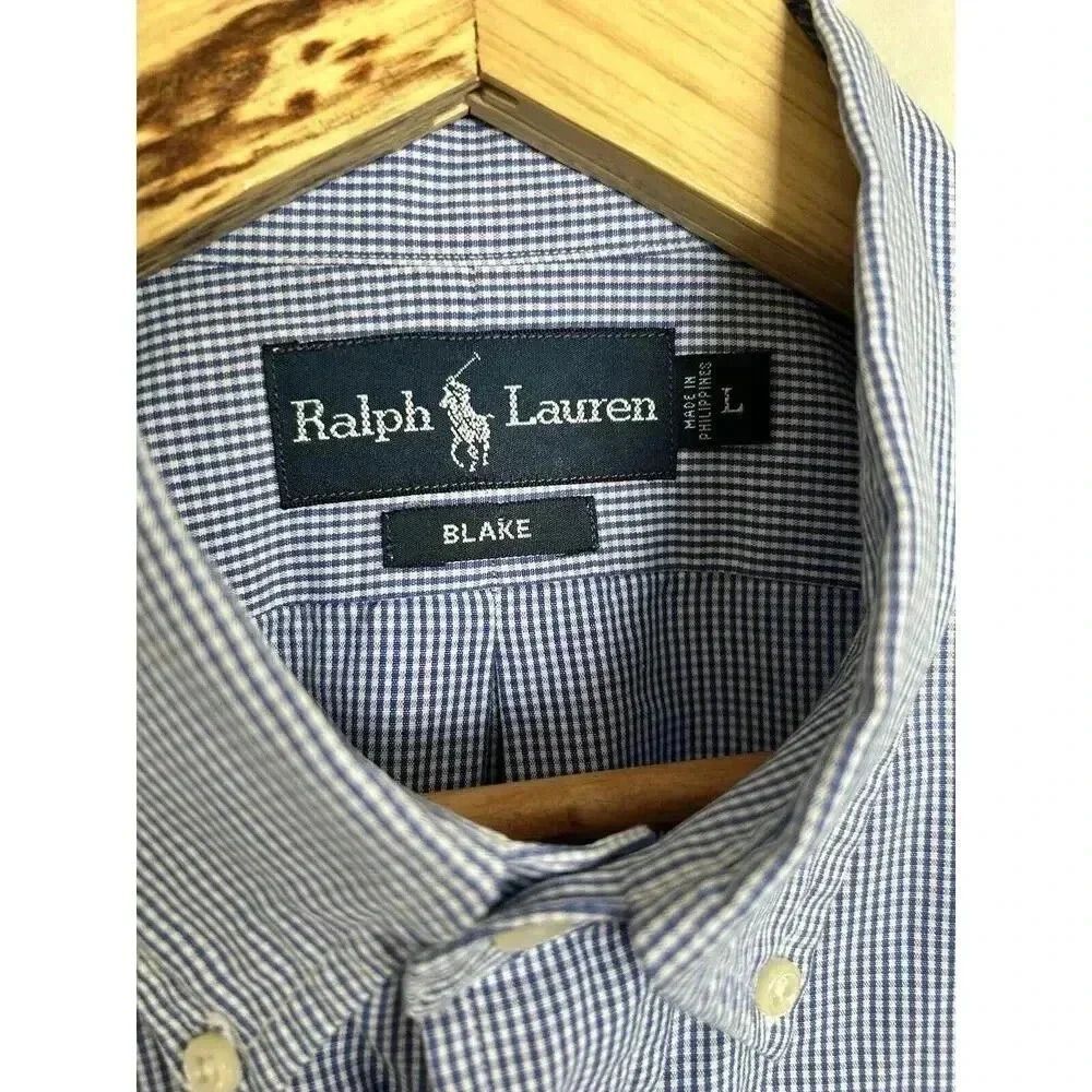 Ralph Lauren Blake Blue Cotton Micro-check Pony Logo Button Down Shirt Size L - Picture 7 of 13